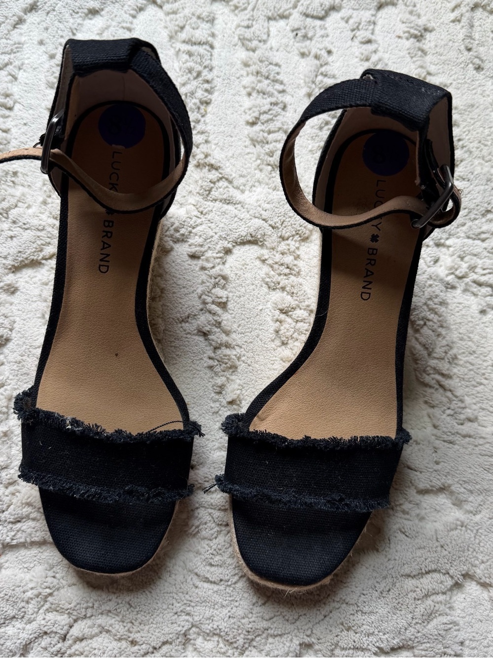 Lucky Brand Black Frayed Open-Toe Ankle Strap Heels